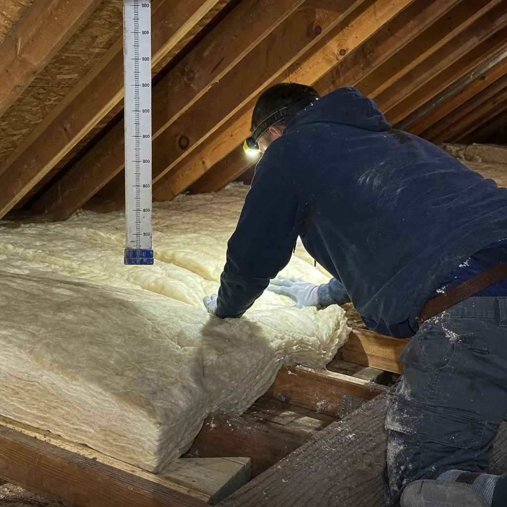 Professional contractor installing fiberglass attic insulation for improved home energy efficiency