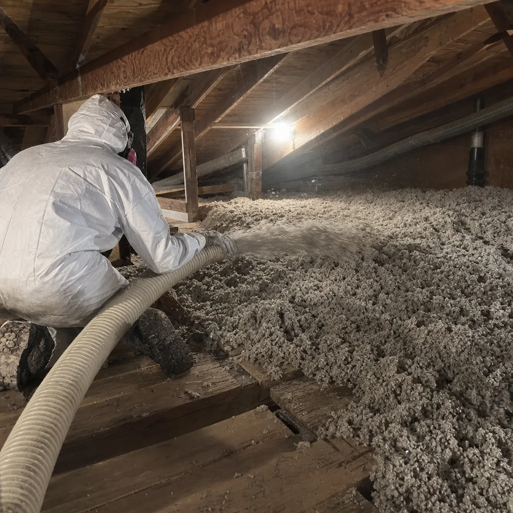 Professional blowing cellulose insulation into a residential attic