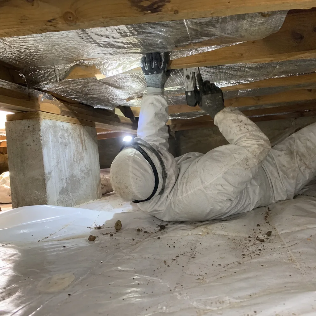 Professional contractor installing radiant barrier insulation in a residential crawl space
