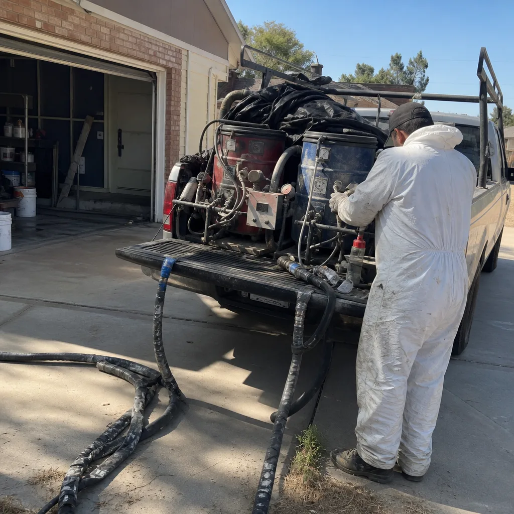 Technician operating professional spray foam insulation equipment on a truck bed
