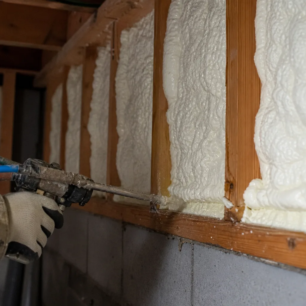Worker applying spray foam insulation between wooden wall studs