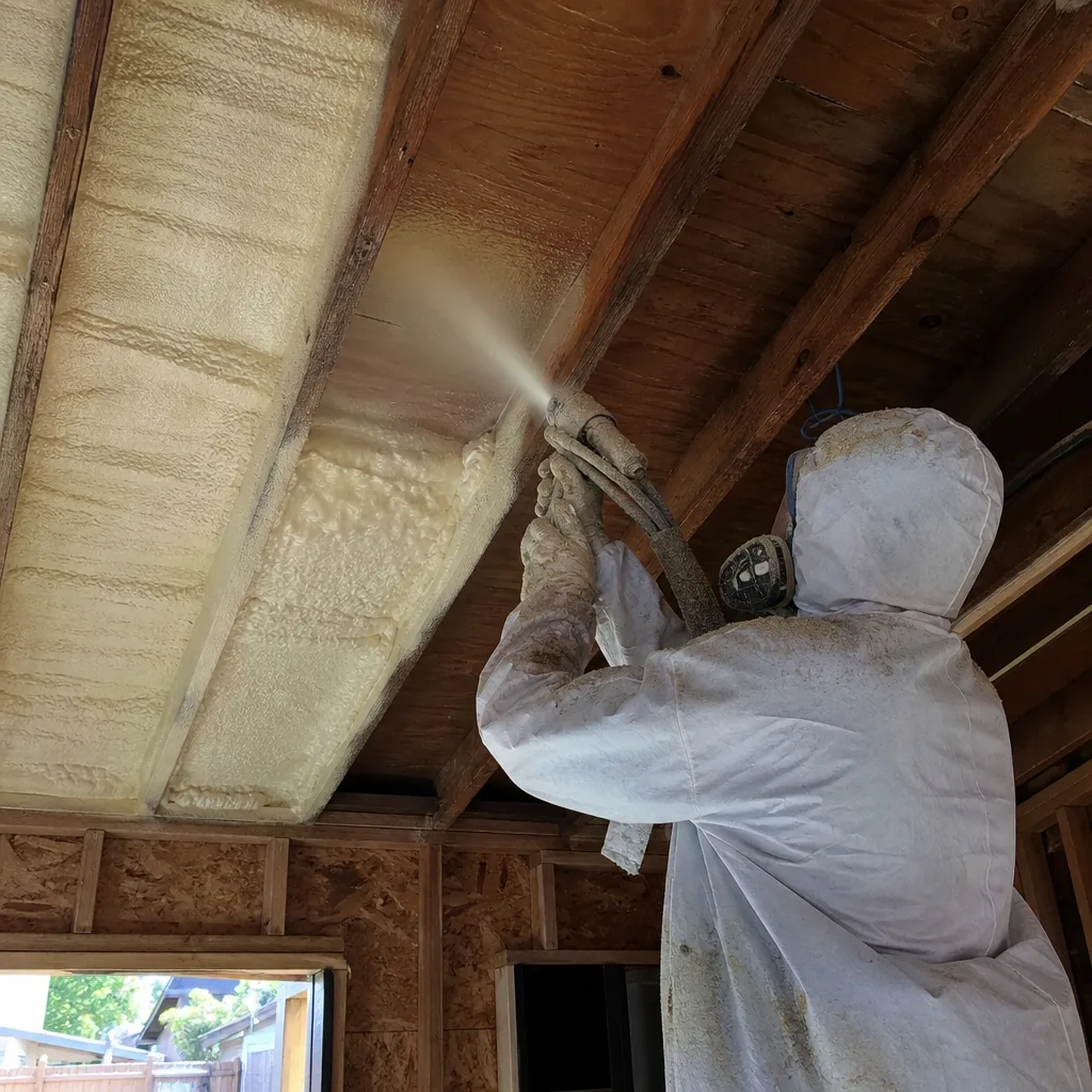 Professional contractor applying spray foam insulation to ceiling rafters